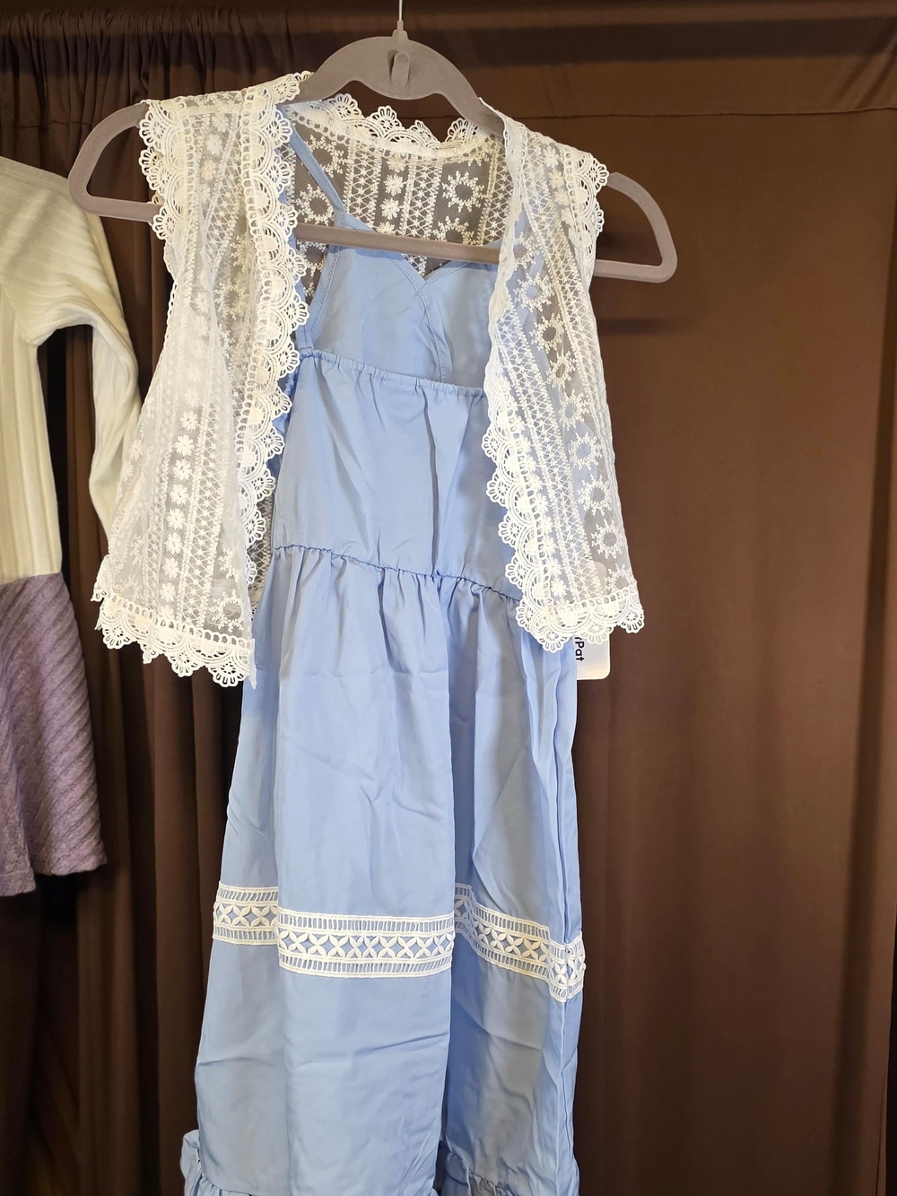 Light Blue Tiered Sundress with White Lace Vest